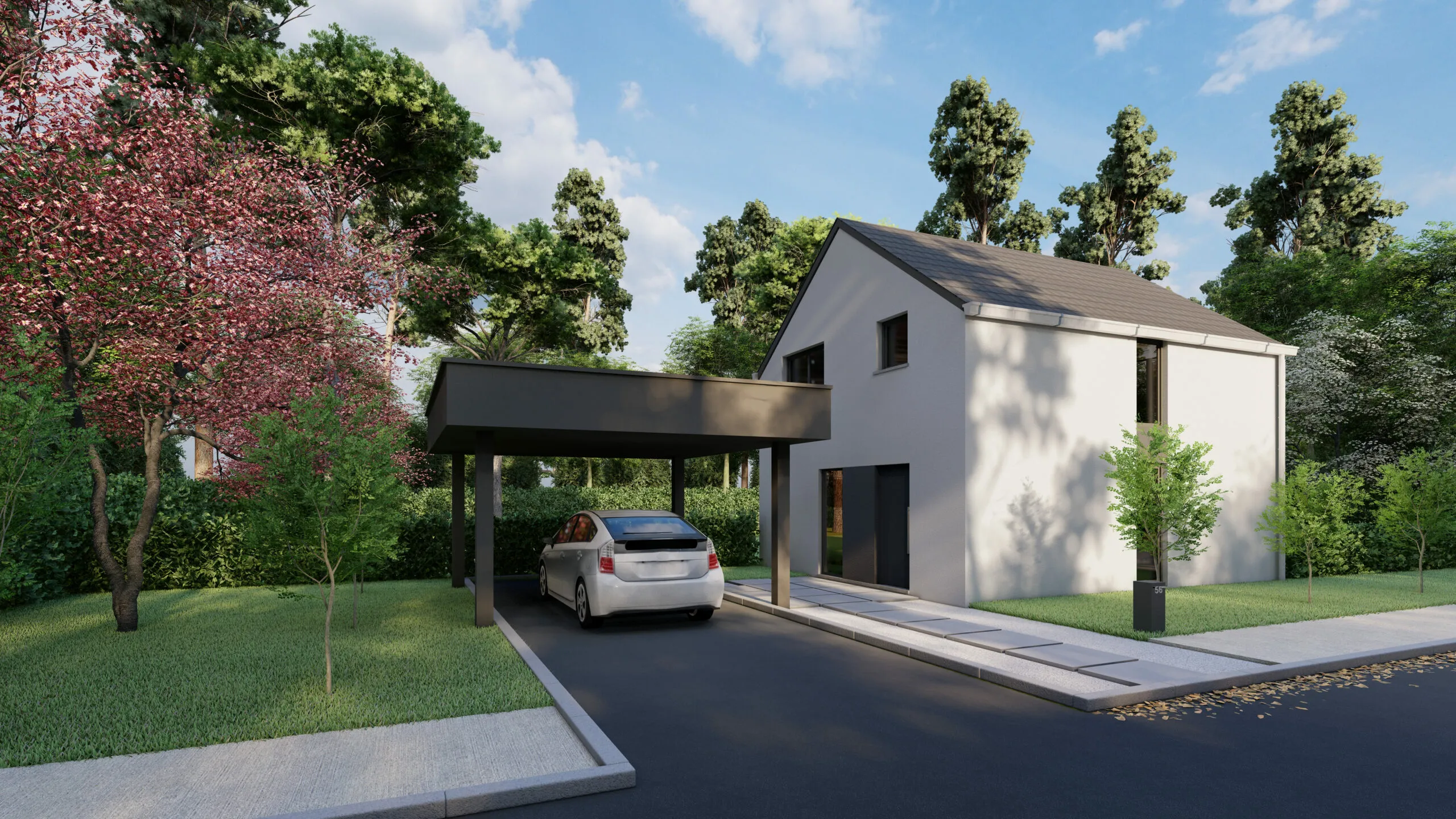 Le modèle TC01 vu depuis la rue : façade blanche à toiture à deux pans, car-port sombre abritant une voiture, jardin planté d'un arbre en fleurs
