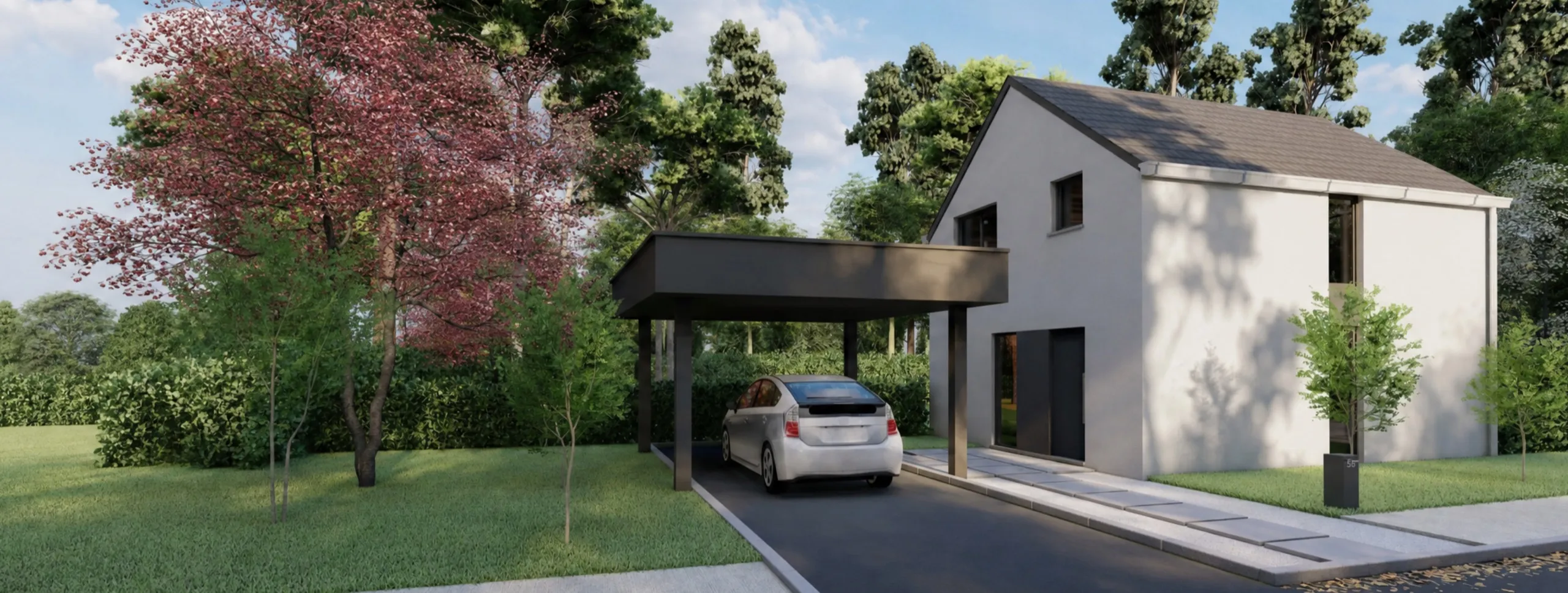 Le modèle TC01 vu depuis la rue : façade blanche à toiture à deux pans, car-port sombre abritant une voiture, jardin planté d'un arbre en fleurs