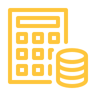Icône jaune d'une calculatrice avec une pile de pièces à côté, symbolisant les calculs financiers ou la budgétisation.