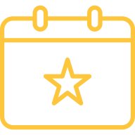 Un contour jaune d'une page de calendrier avec une étoile proéminente au centre, suggérant une date ou un événement important. Le design est simple et minimaliste, utilisant uniquement des lignes pour transmettre l'image.