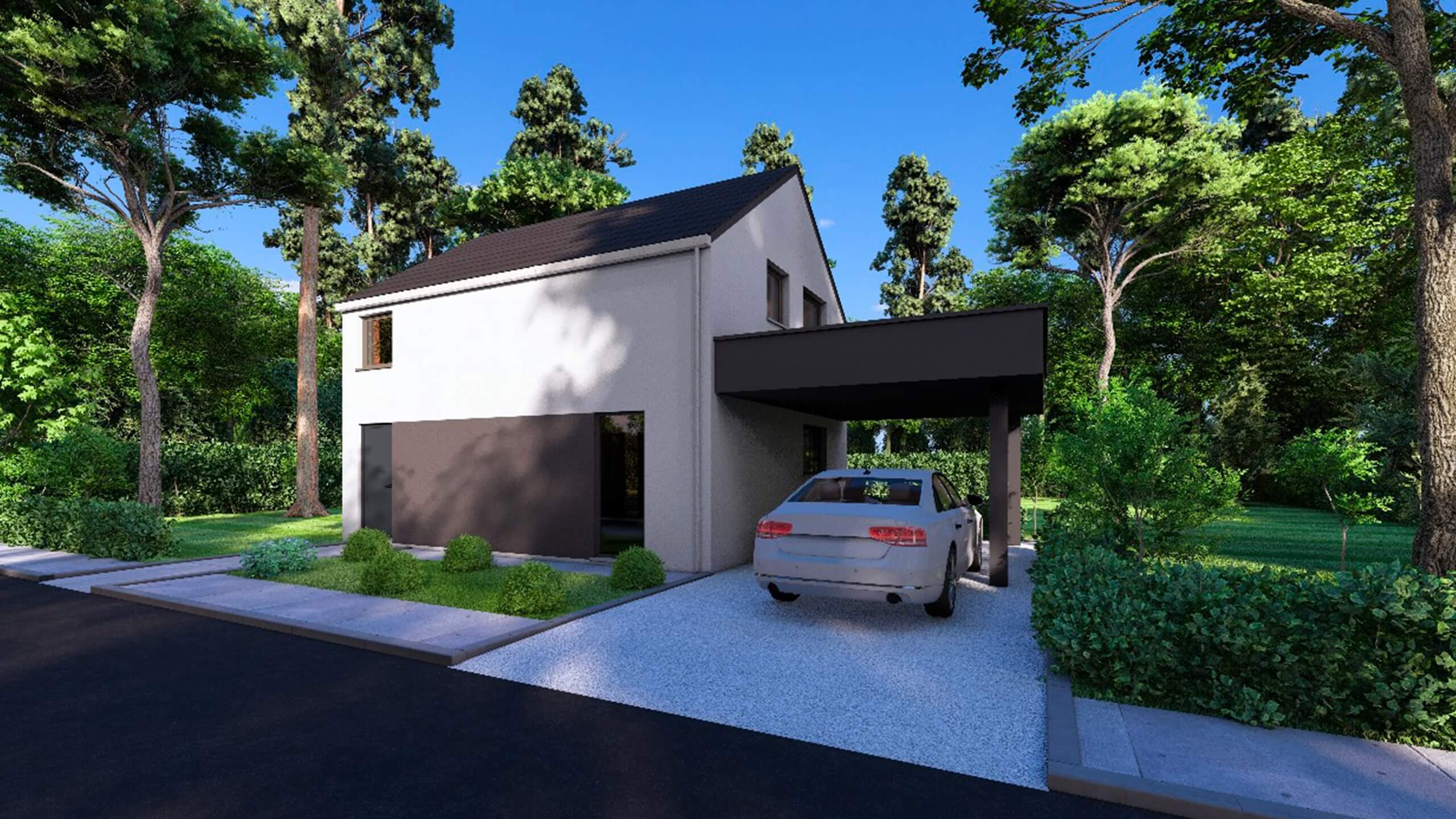 Une maison moderne à deux étages avec une façade blanche et grise, un abri voiture à toit plat et une voiture blanche garée dans l'allée. La maison est entourée d'arbres et de buissons verdoyants par beau temps.