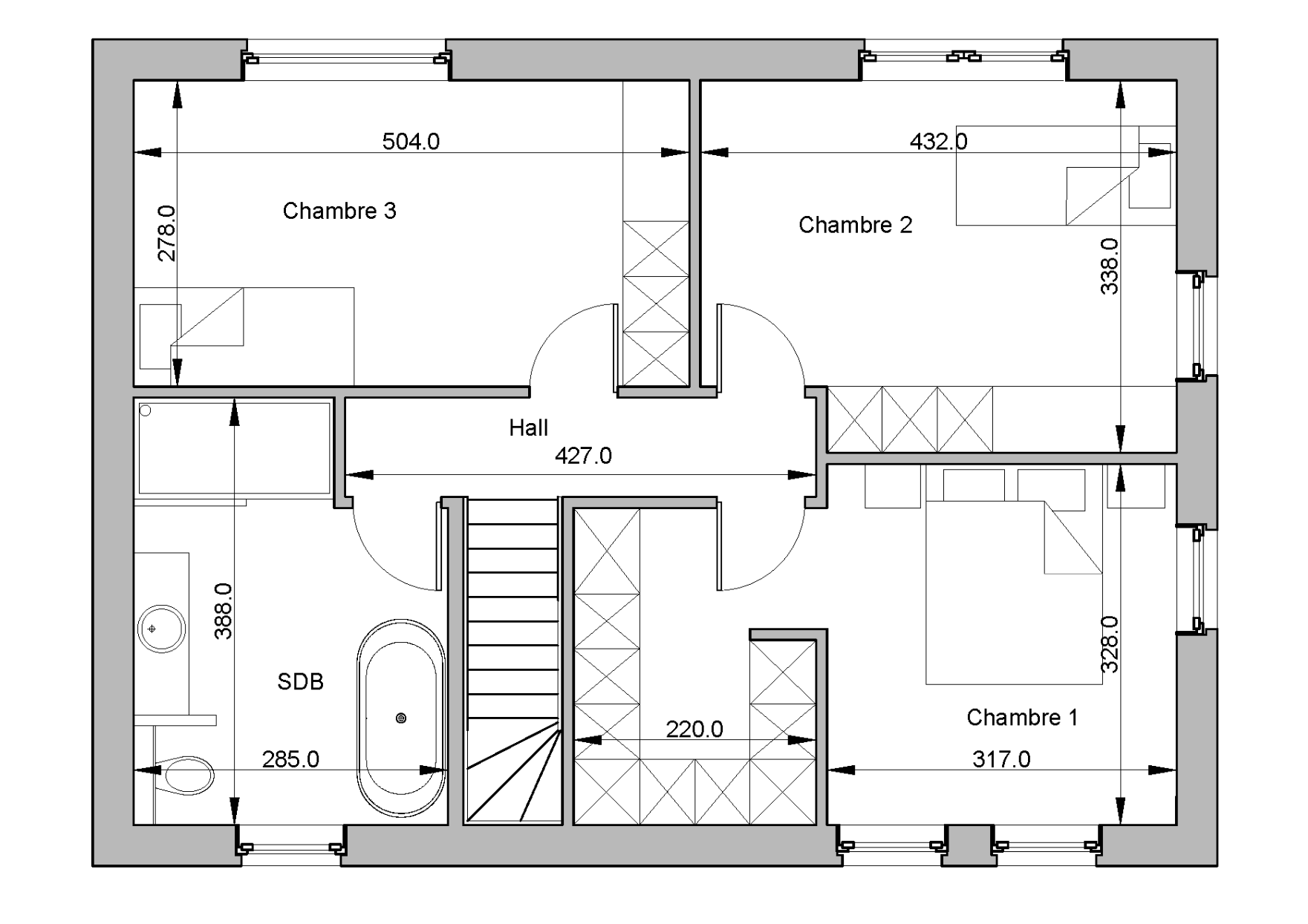 Plan en noir et blanc d'une maison montrant trois chambres à coucher étiquetées, une salle de bains, un couloir central, des escaliers et l'emplacement des meubles, les dimensions en centimètres étant indiquées sur tout le plan.