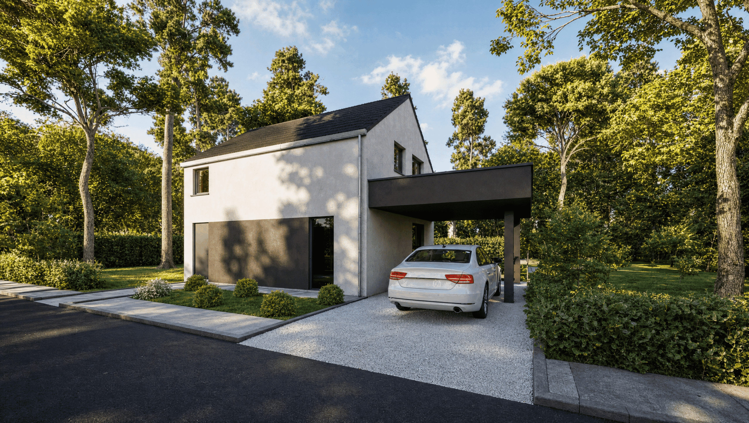 TC02 - new(front) Une maison moderne à deux étages, dotée d'un toit en pente, d'une façade blanche et de grandes fenêtres. Une voiture blanche est garée dans l'allée, sous un abri de voiture. La maison est entourée d'arbres et de verdure.